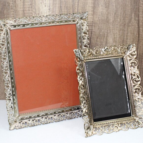 Vintage Set of 2 Gold Metal Picture Frame Ornate Scroll Floral Vanity Frame - Picture 1 of 8